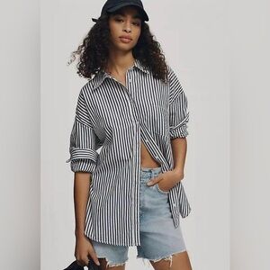 Maeve by Anthropologie Black White Striped Button Down Shirt Top Blouse size S
